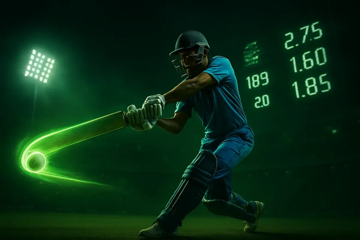 Batsman in blue jersey hitting powerful cricket shot with neon ball trail and digital scoreboard in stadium