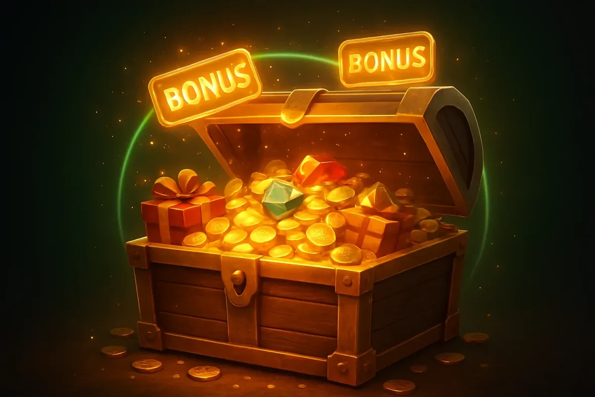 Golden Treasure Chest Bonus Golden treasure chest overflowing with coins, gems, and glowing bonus tags on dark neon background