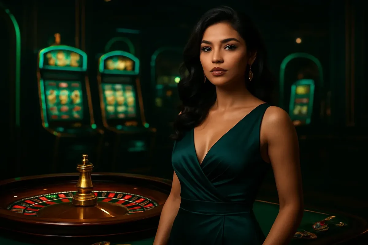 Elegant Casino Banner Confident woman in evening dress near roulette and slot machines in luxury Bangladeshi casino with neon green and gold accents