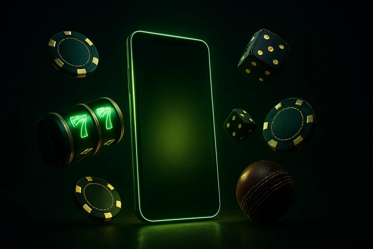 Mobile Casino Banner Glowing smartphone with casino chips, slot reels, dice, and cricket ball on dark luxurious background