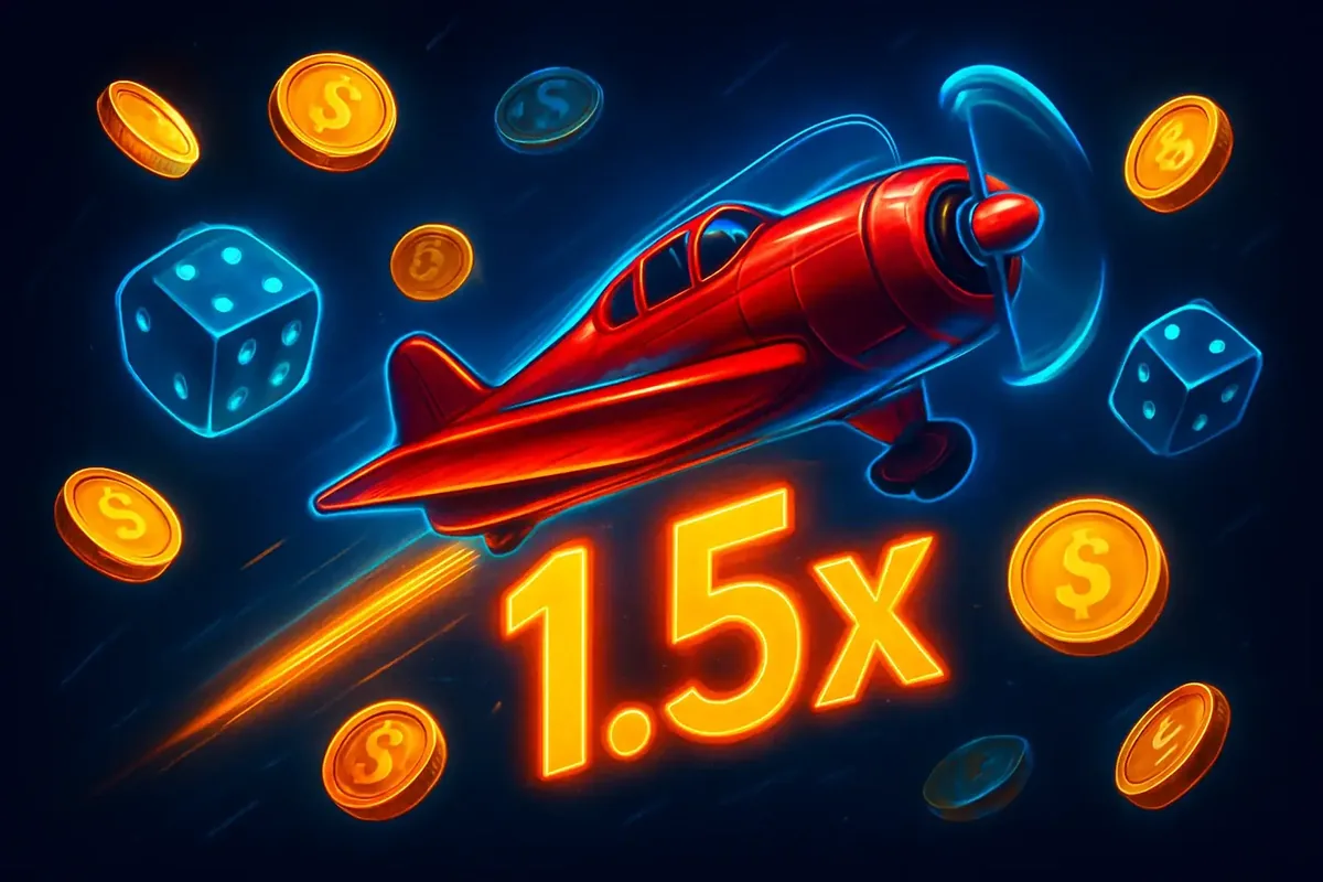 Red airplane with multiplier trail, golden coins, dice, neon accents, dynamic instant game art