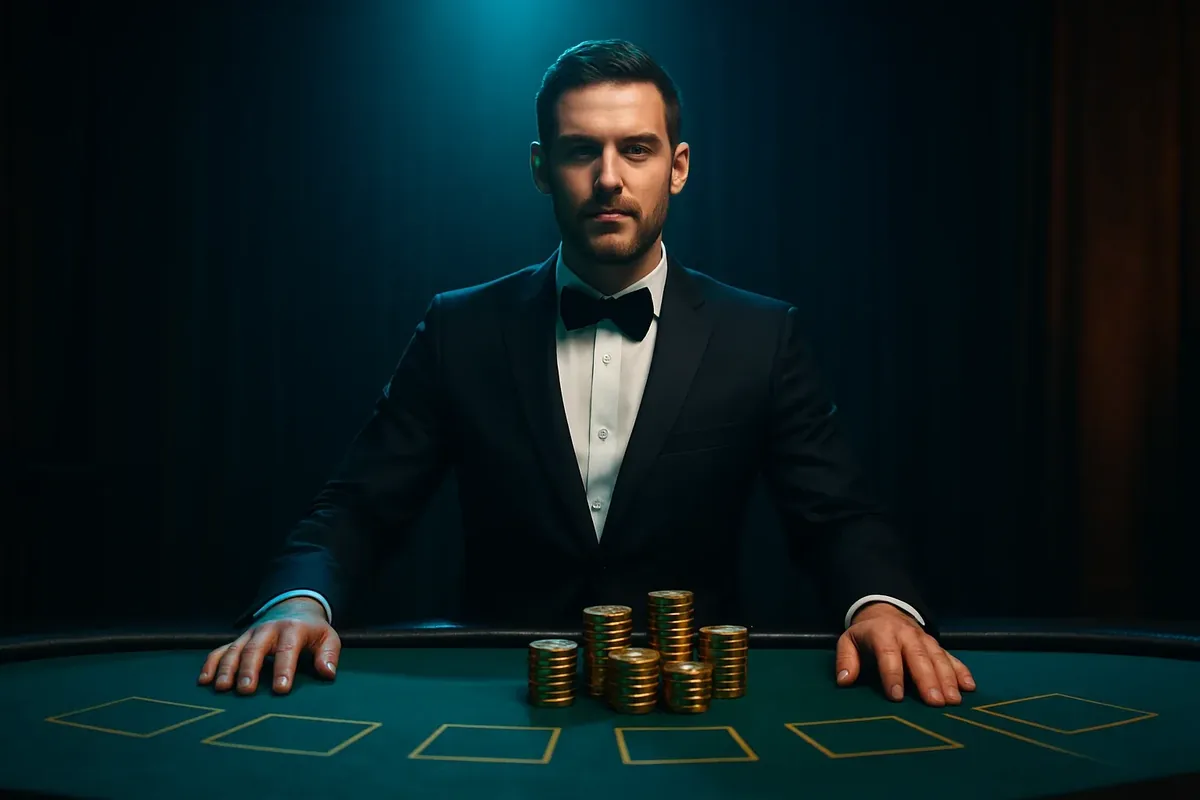Elegant Live Casino Table Professional casino dealer at green felt table with golden chips in luxurious spotlight
