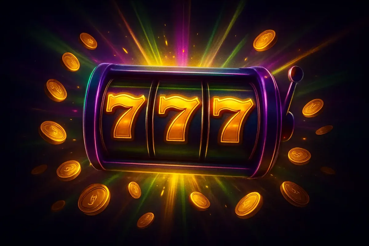 Golden 777 slot machine jackpot with coins and neon lights exploding outward